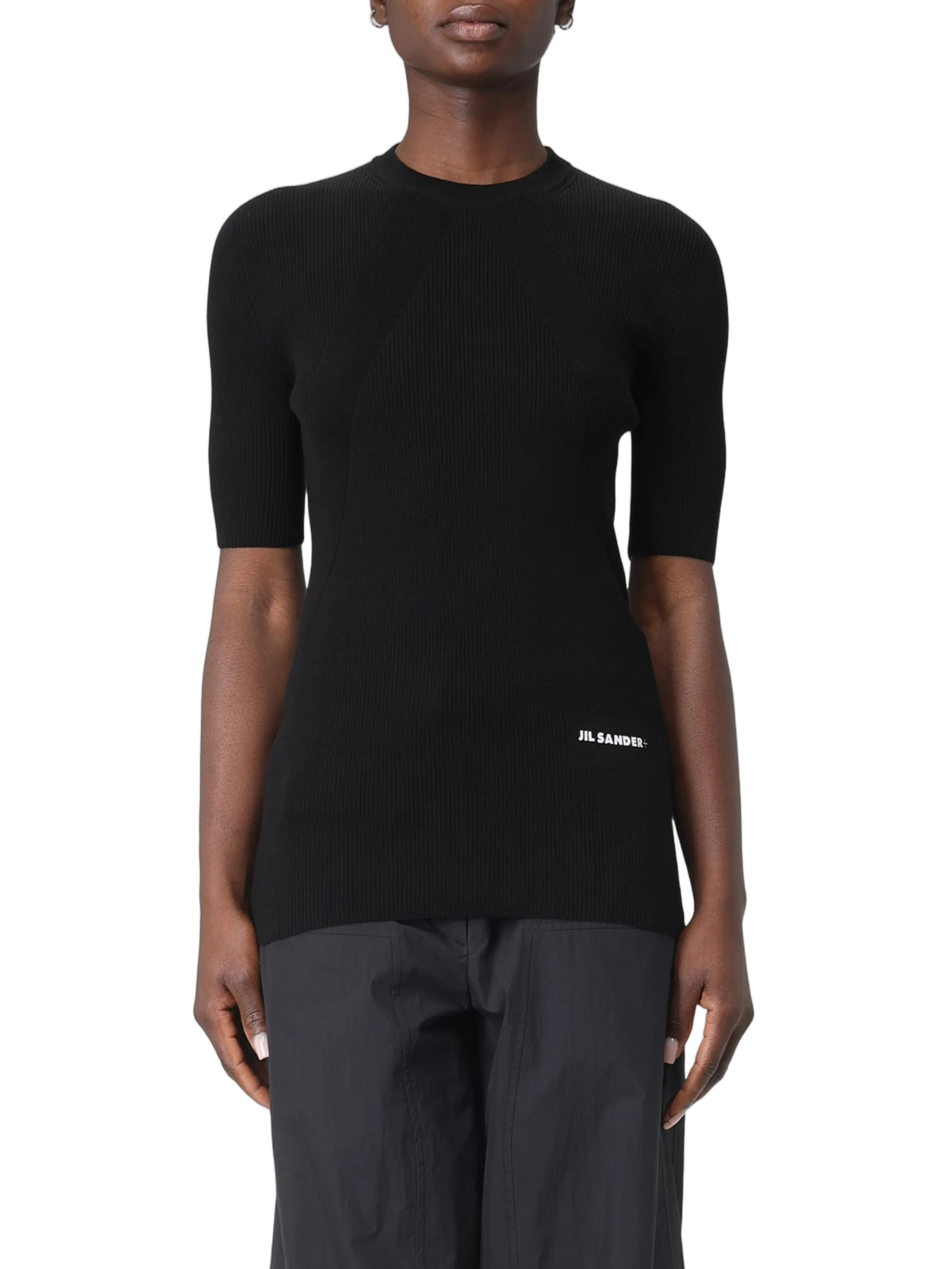 Black Ribbed Cotton Fitted Sweater