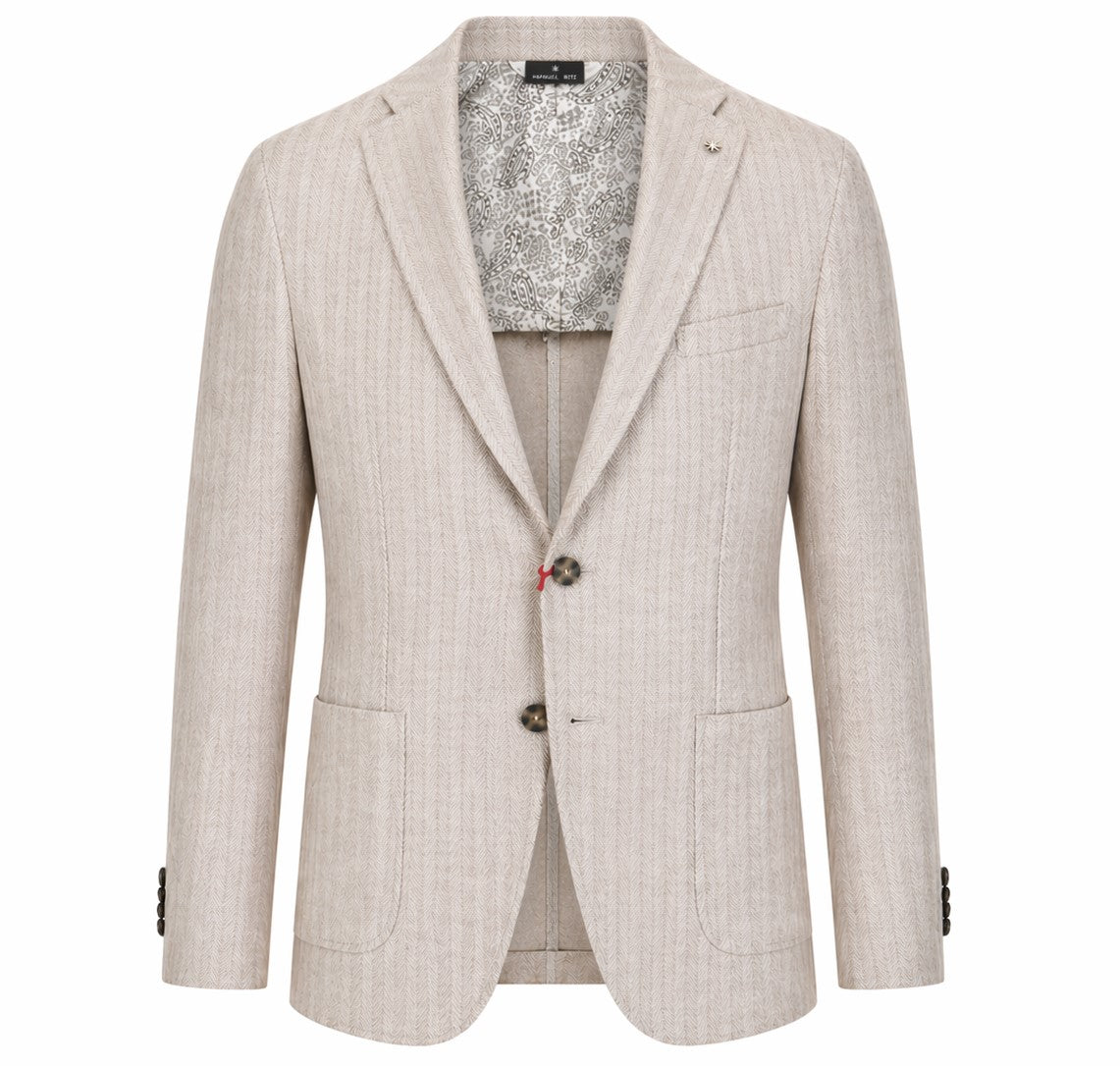 Beige Herringbone Half Lined Linen Blazer