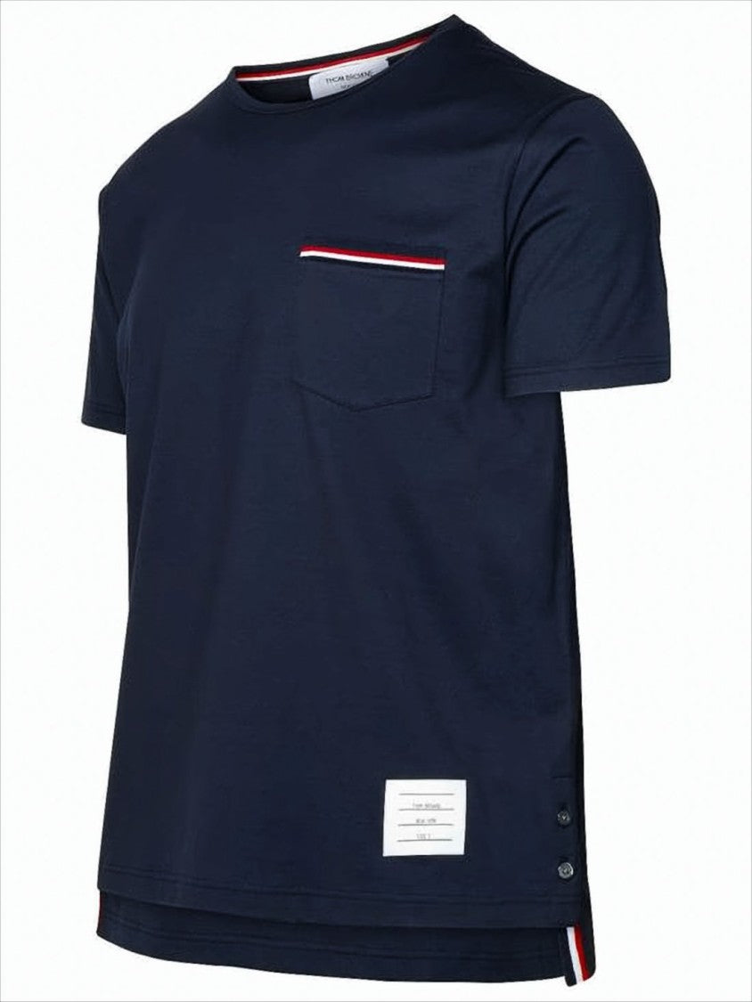 Short-Sleeved Blue T-Shirt with Contrasting Trim and Chest Pocket