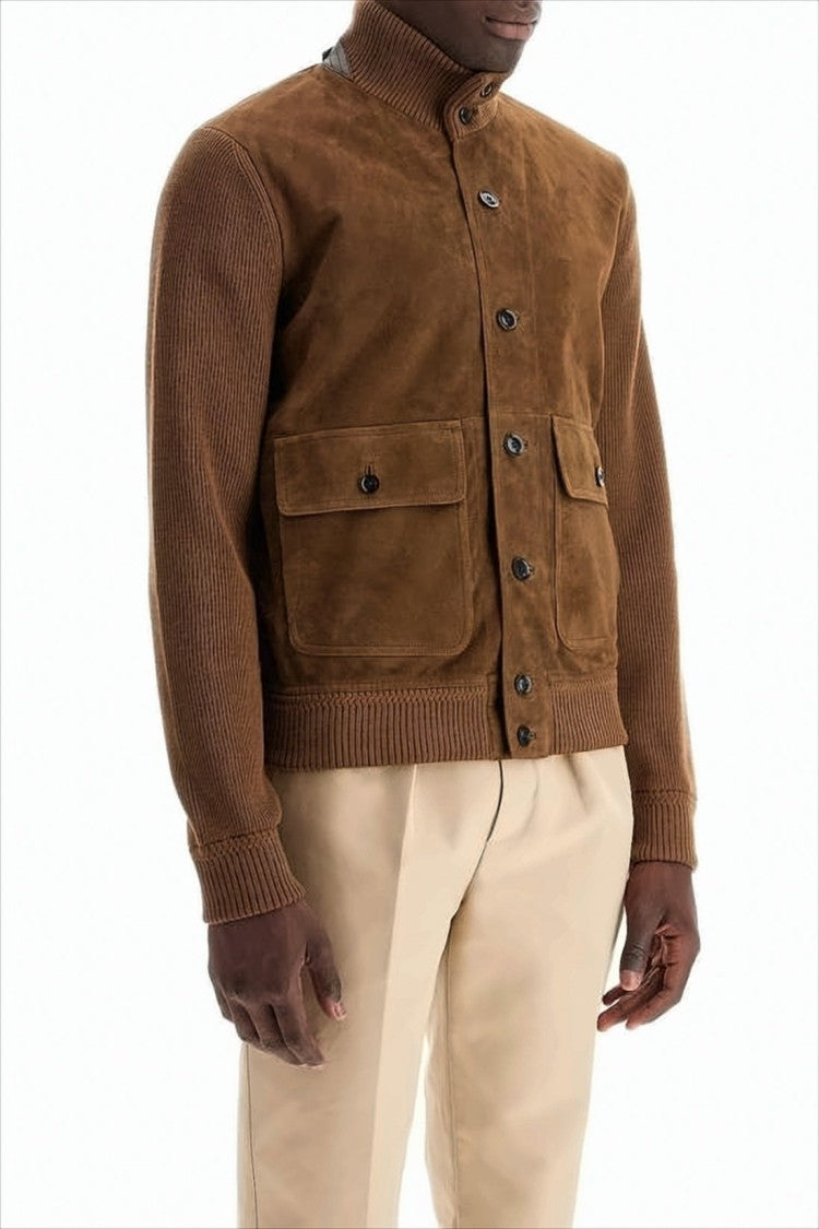 Brown Lamb Leather And Wool Jacket With Ribbed Sleeves