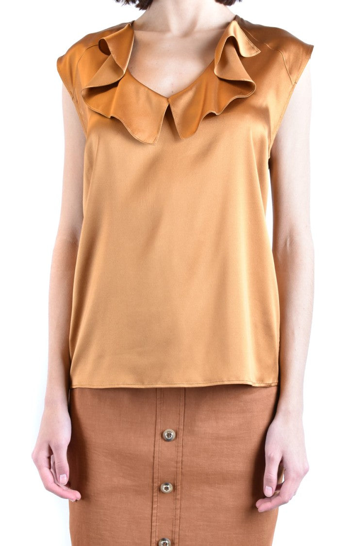 Multicolored Silk Top With Ruffled V-Neckline