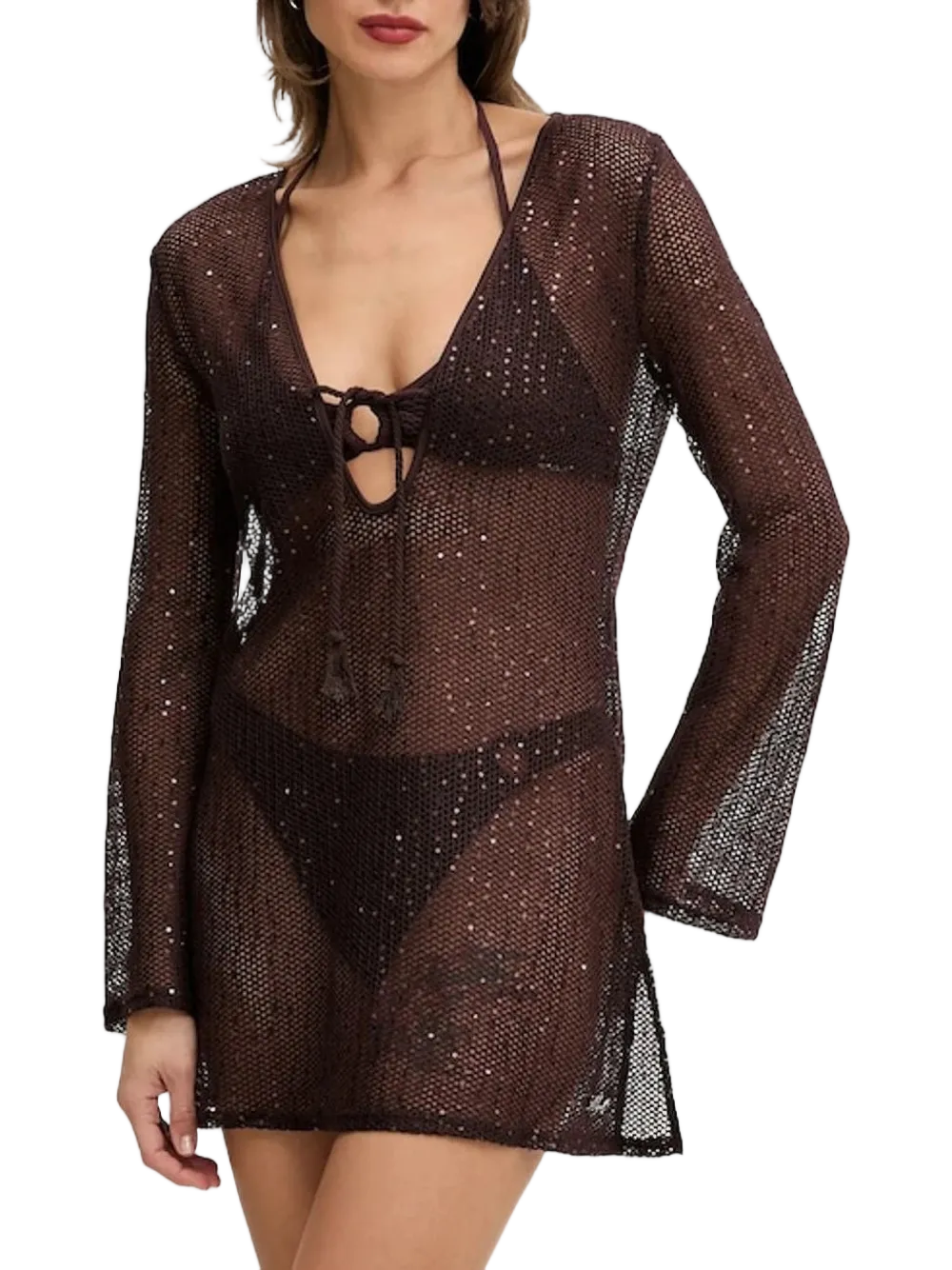 Sheer Long-Sleeved Mini Dress with Subtle Sequins