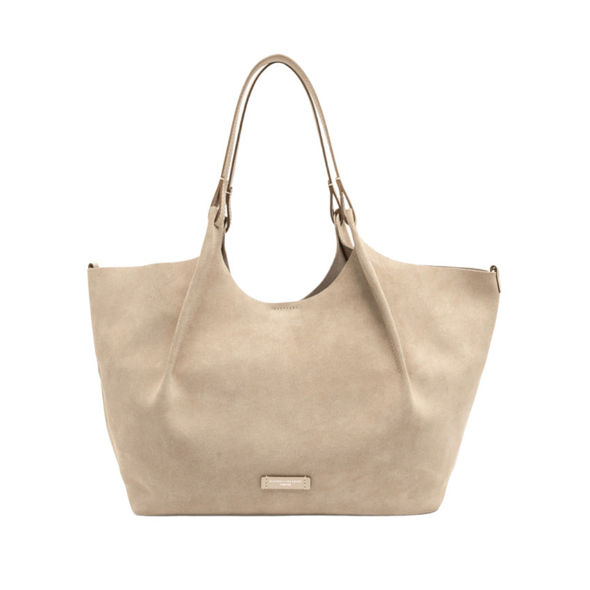 Nude Suede Handbag with Leather Top Profiles