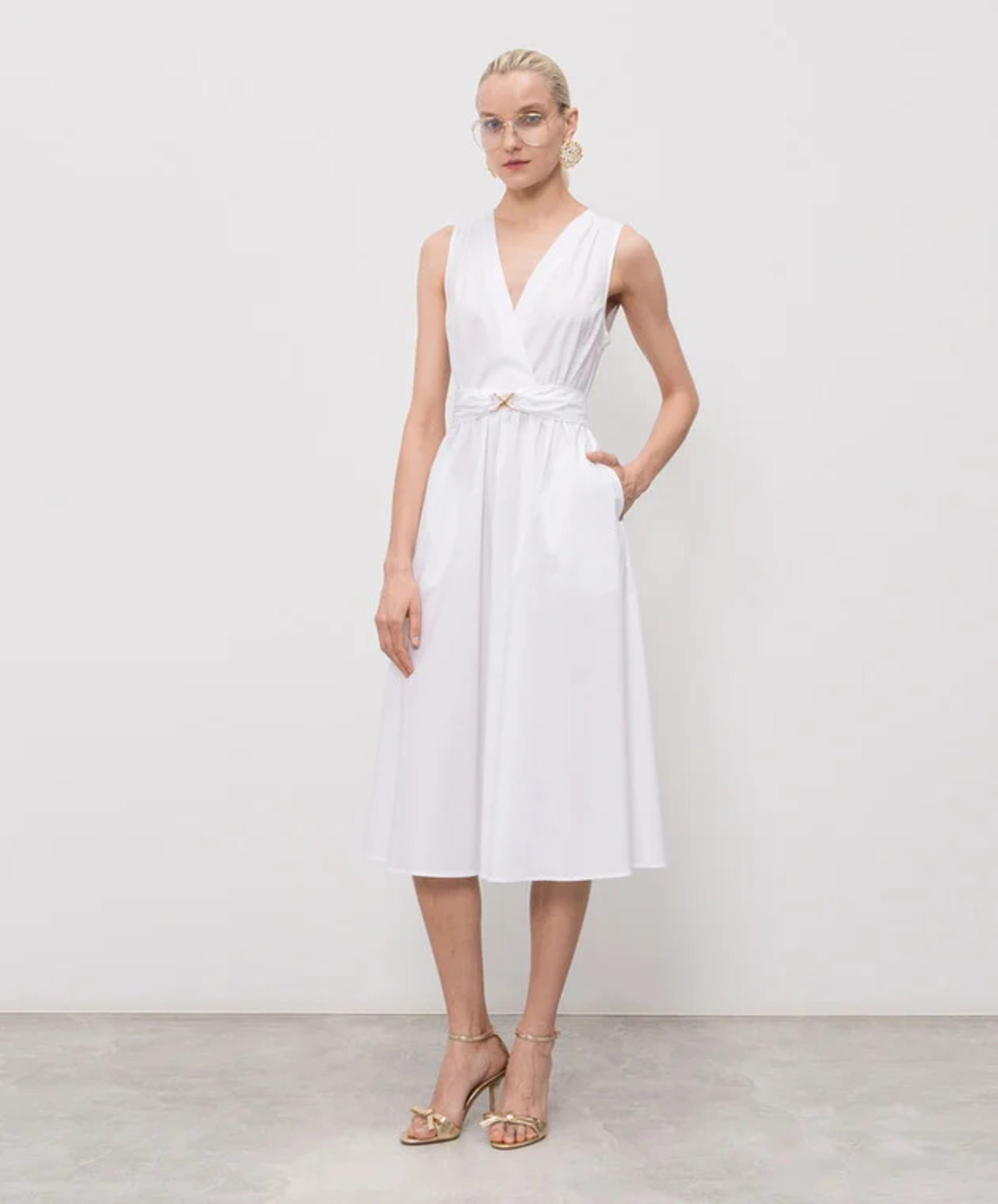 Sleeveless Midi Dress with Deep V-Neckline