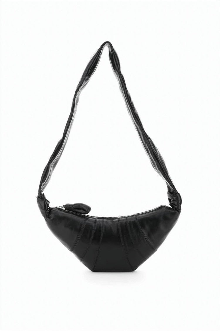 Crescent-Shaped Black Lambskin Leather Shoulder Bag