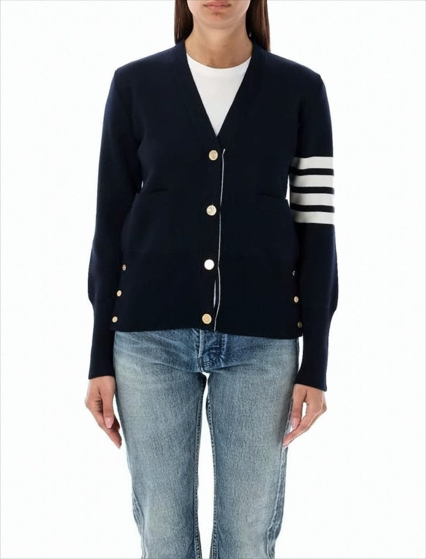 Classic V-Neck Merino Wool Cardigan with Striped Detail
