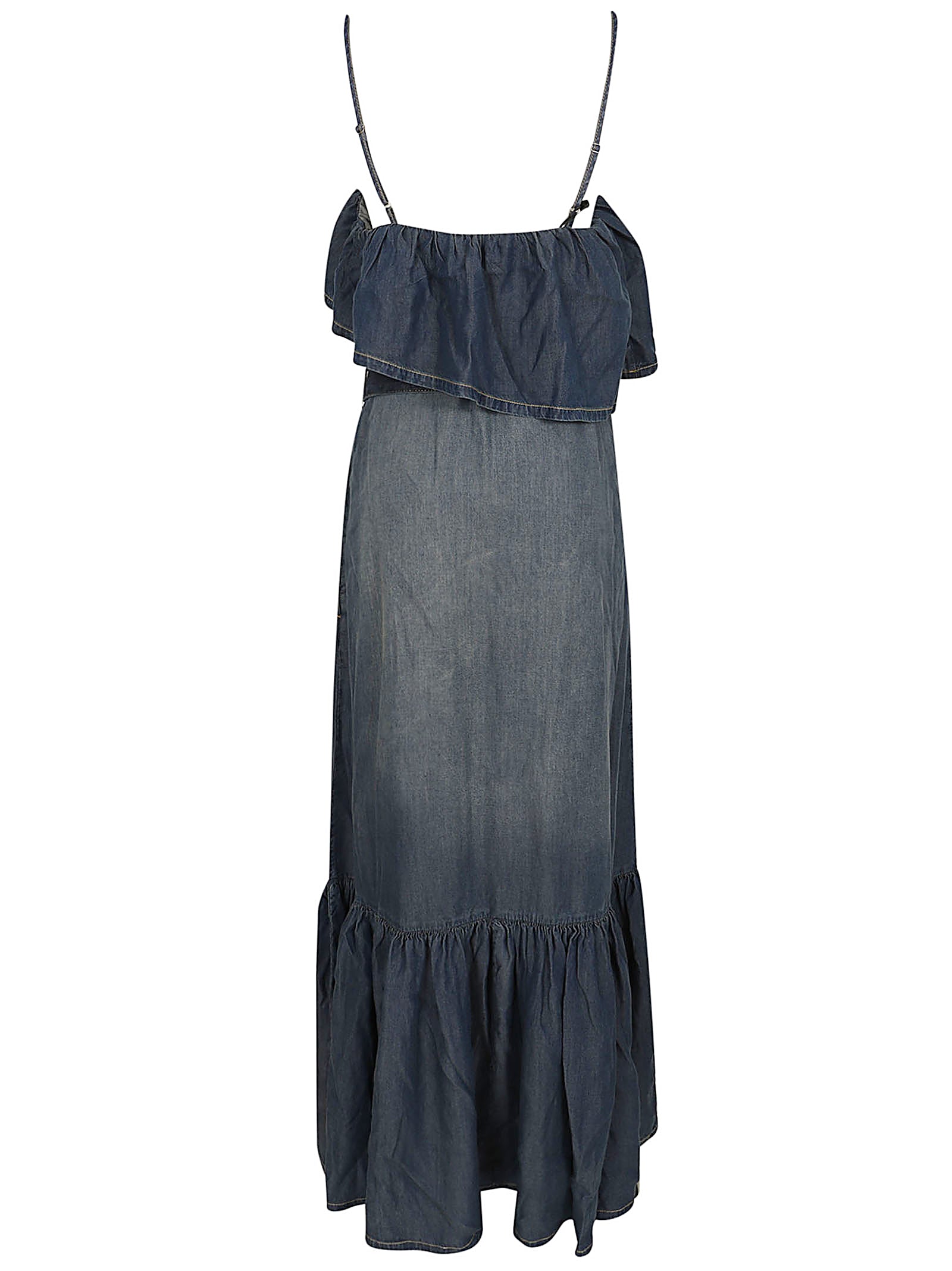 Denim Midi Dress with Ruffle Neckline