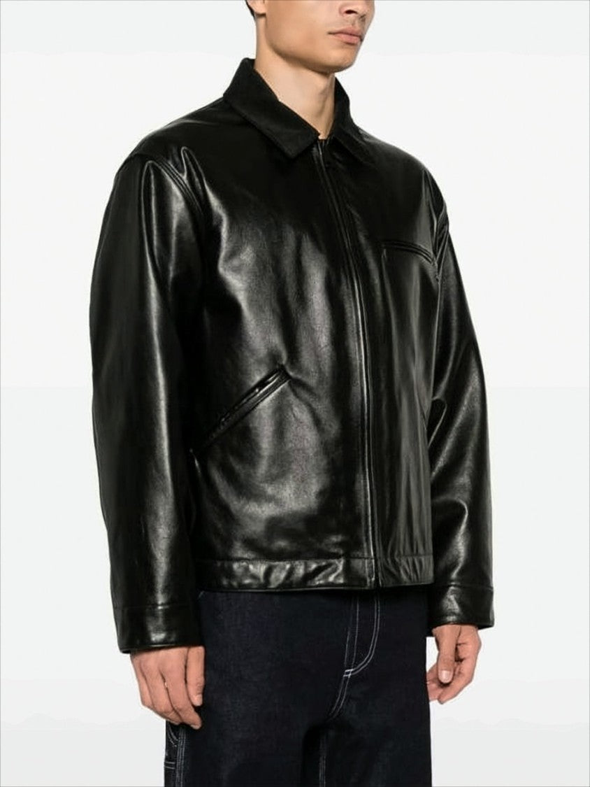 Structured Black Leather Jacket With Zippered Pockets