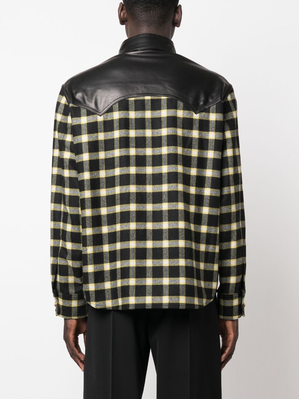 Black Blouson Leather Checkered Sleeve Jacket