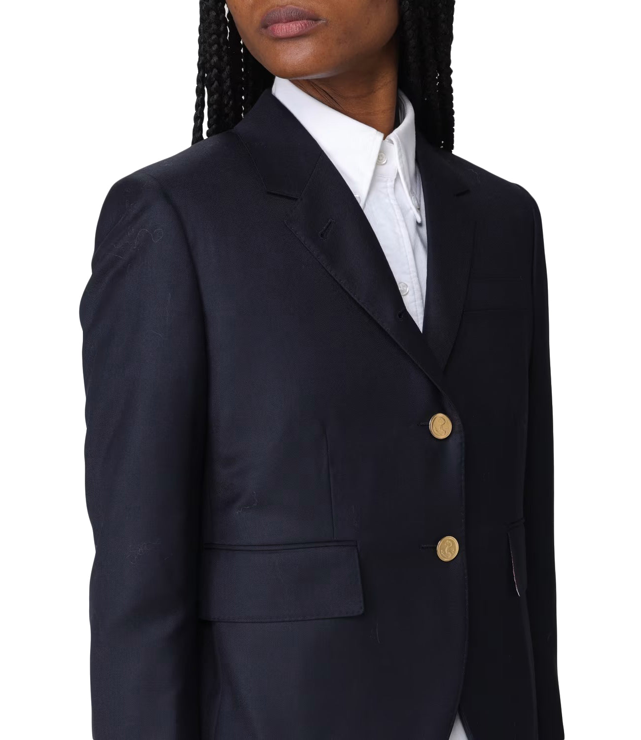 Tailored Black Wool Blazer with Striped Lining and Gold Accents