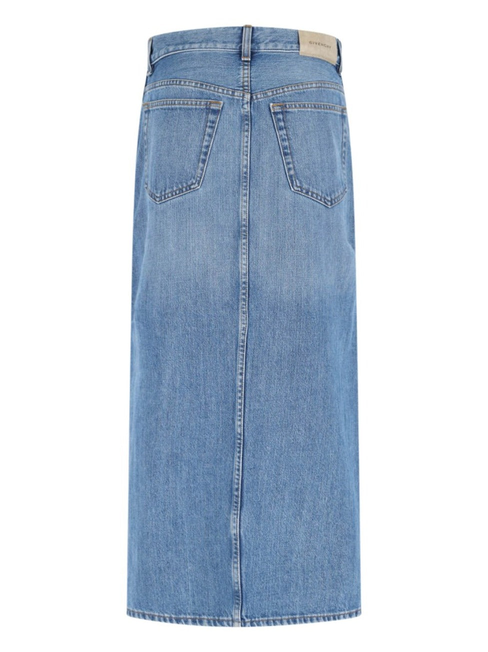 Side Slit Midi Denim Skirt With Logo Patch