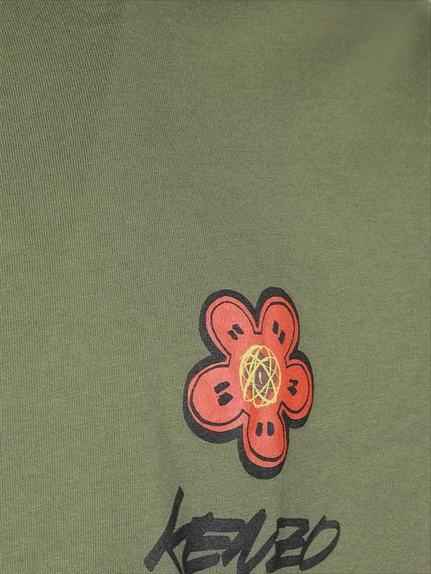 Olive Green Long-Sleeve T-Shirt With Floral Graphic