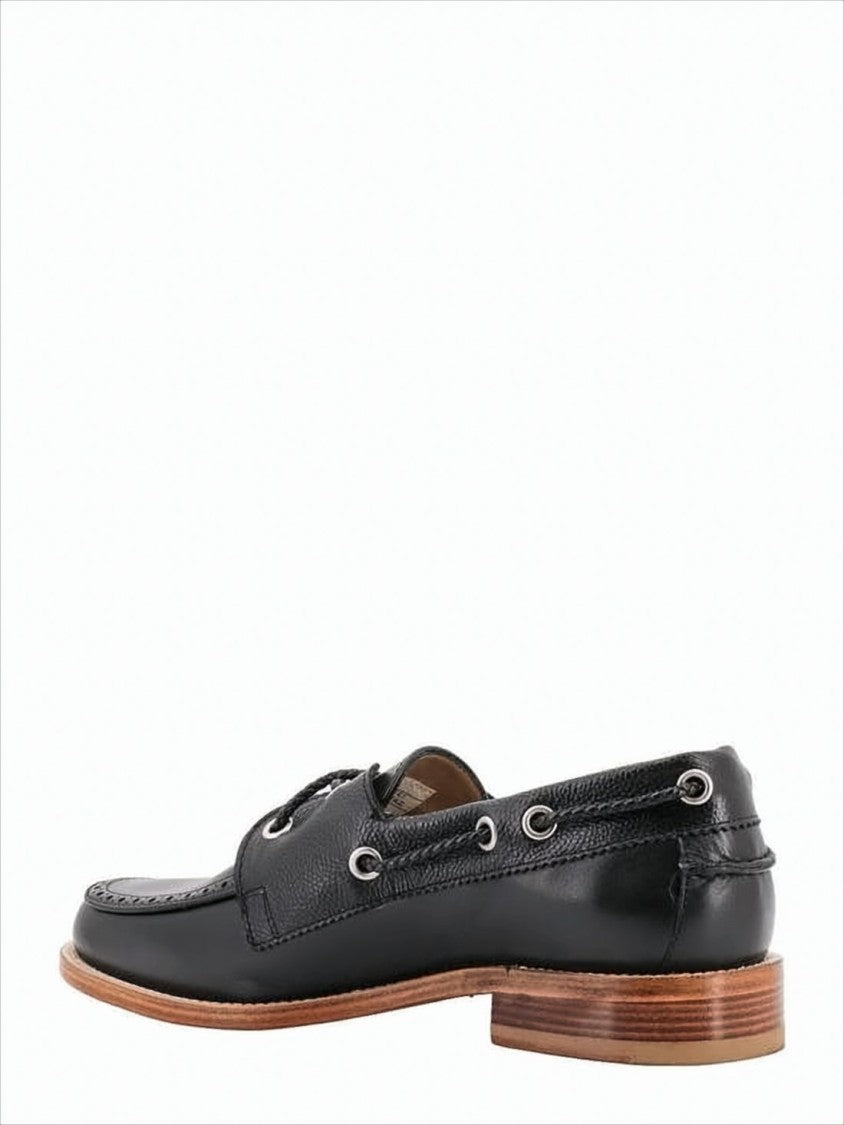 Polished Black Leather Loafers with Moc Toe Design and Lace Detail
