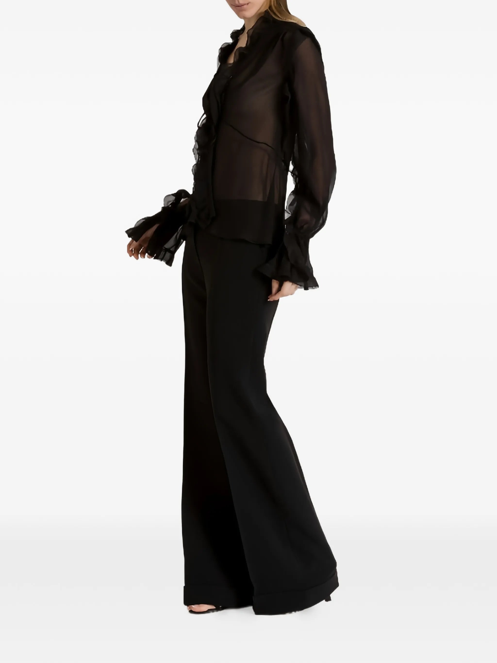 Black Sheer Ruffled Silk Blouse