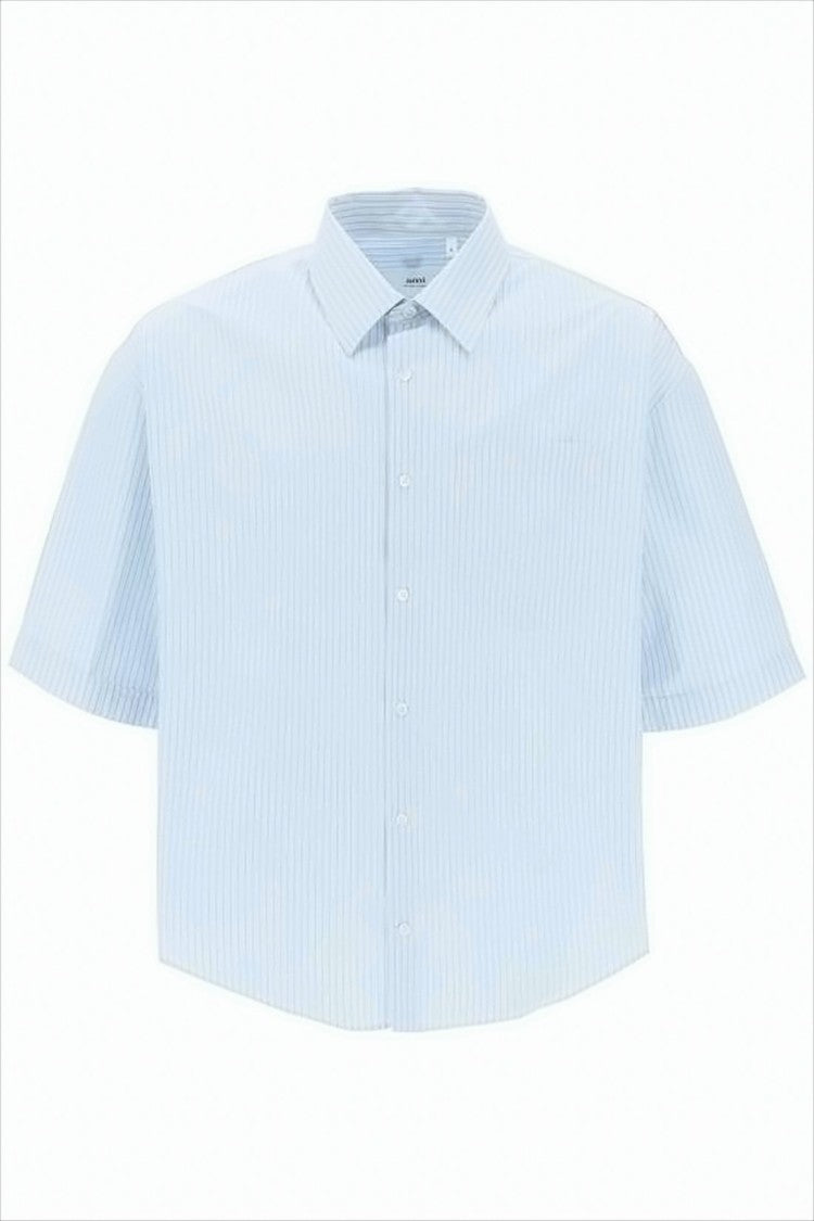 Boxy Oversized Short-Sleeve Shirt with Pastel Stripes