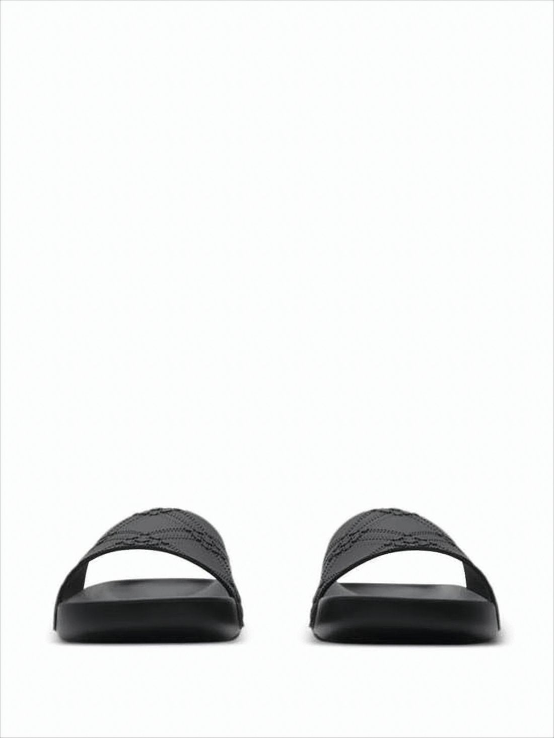 Textured Black Slide Sandals with Blue Emblem
