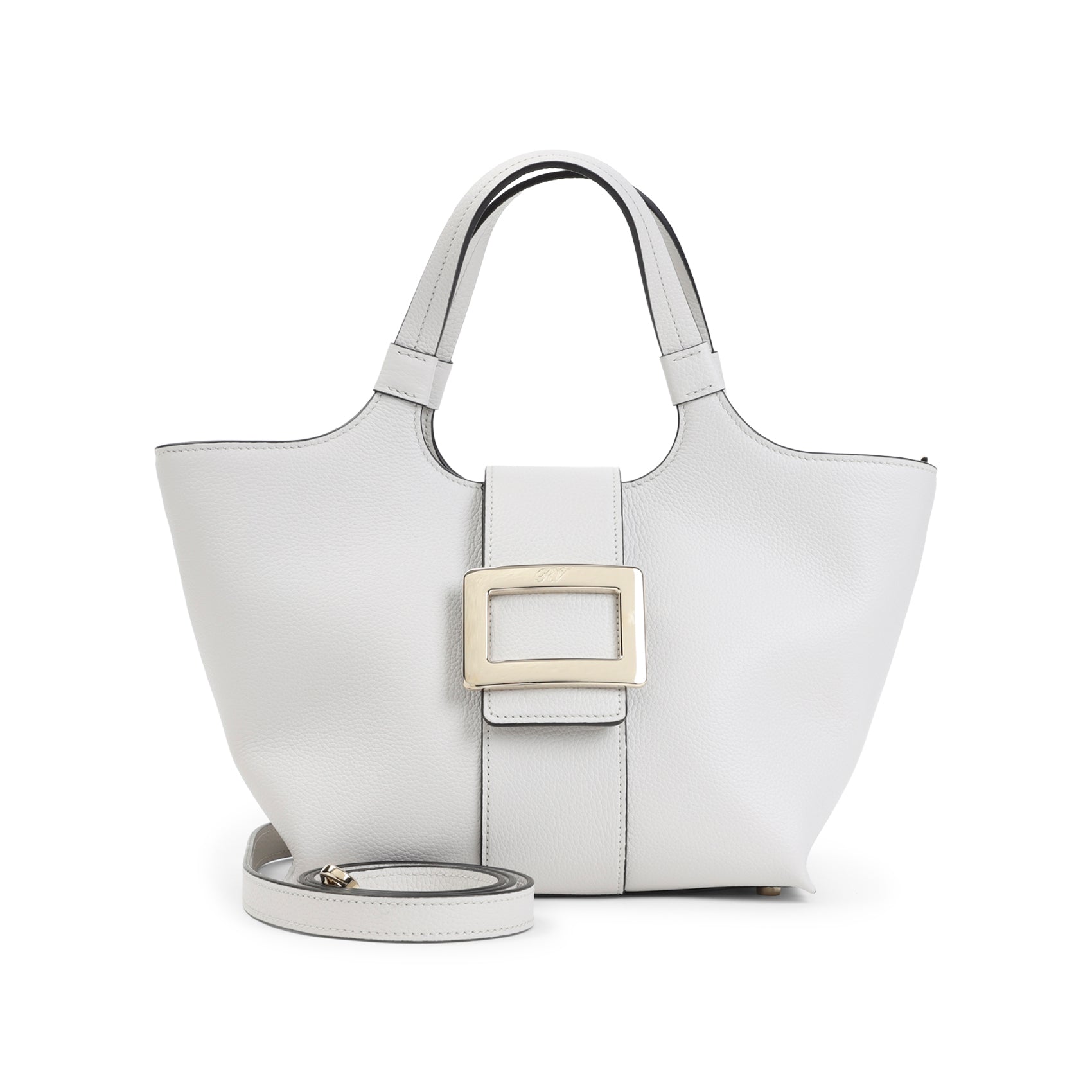 Structured Grey Leather Handbag With Metal Buckle