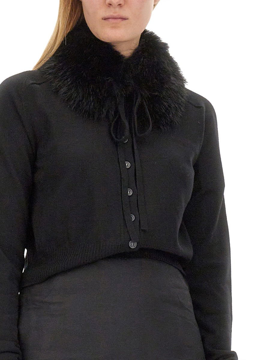 Cropped Black Cardigan With Plush Fur Collar