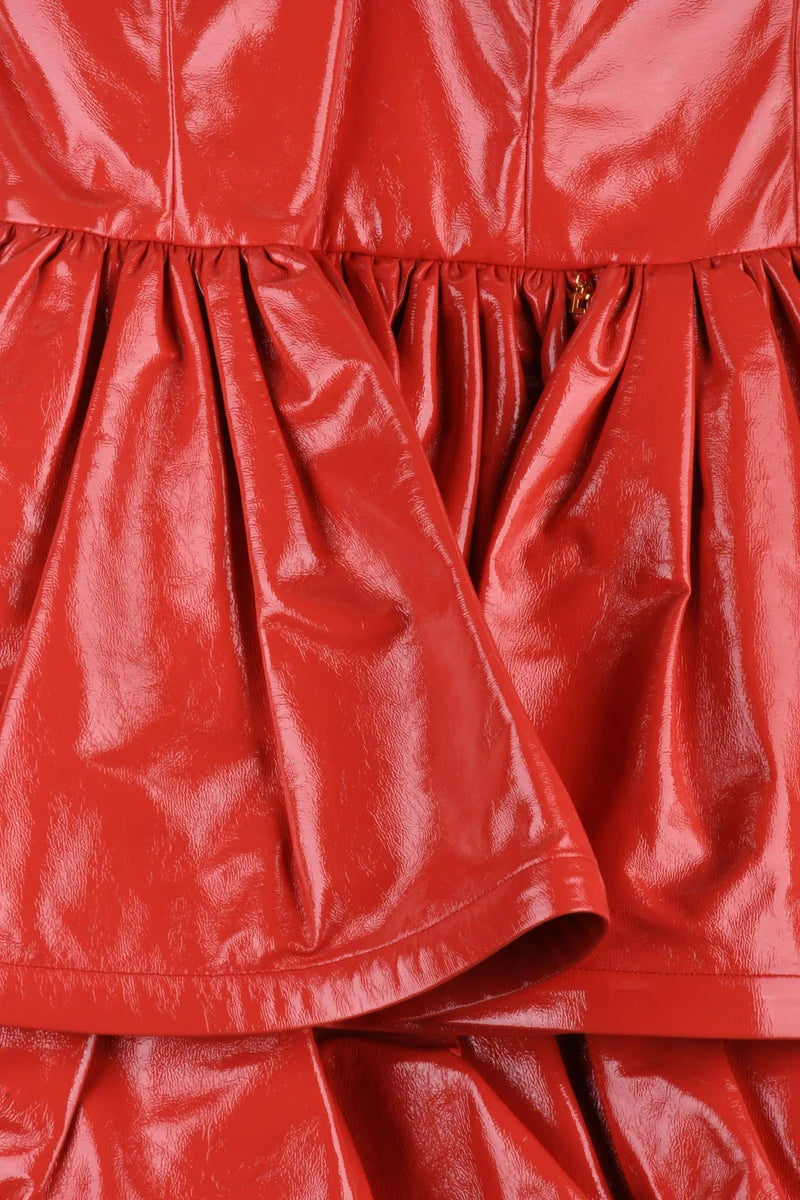 Short Faux Leather Dress Heart Neckline - Red