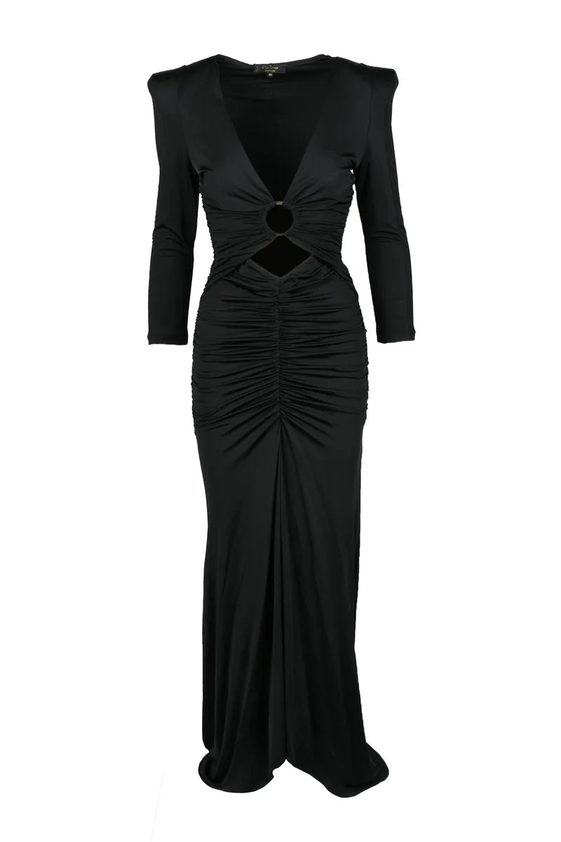 Fluid Black Midi Dress with V-Neckline