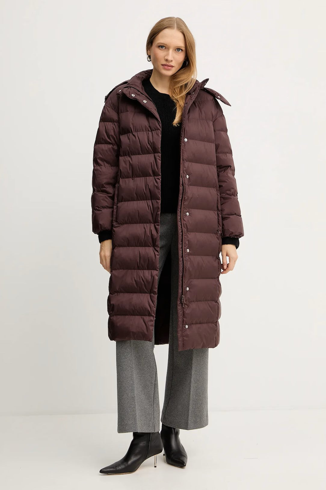 Burgundy Quilted Long Coat With Adjustable Hood
