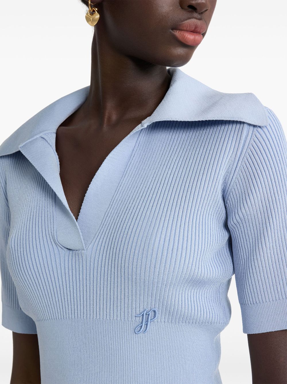 Light Blue Ribbed Knit Polo Top