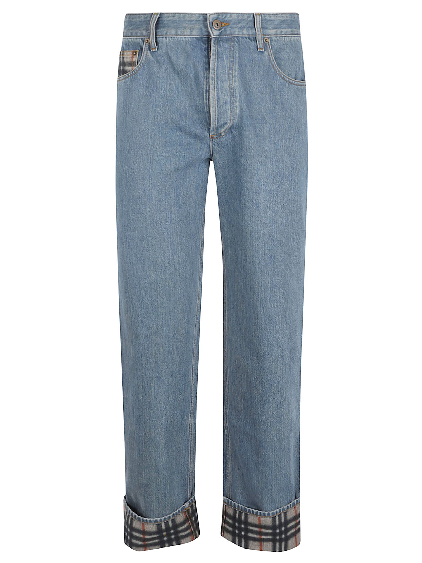 Classic Straight-Leg Denim Jeans with Check Lining