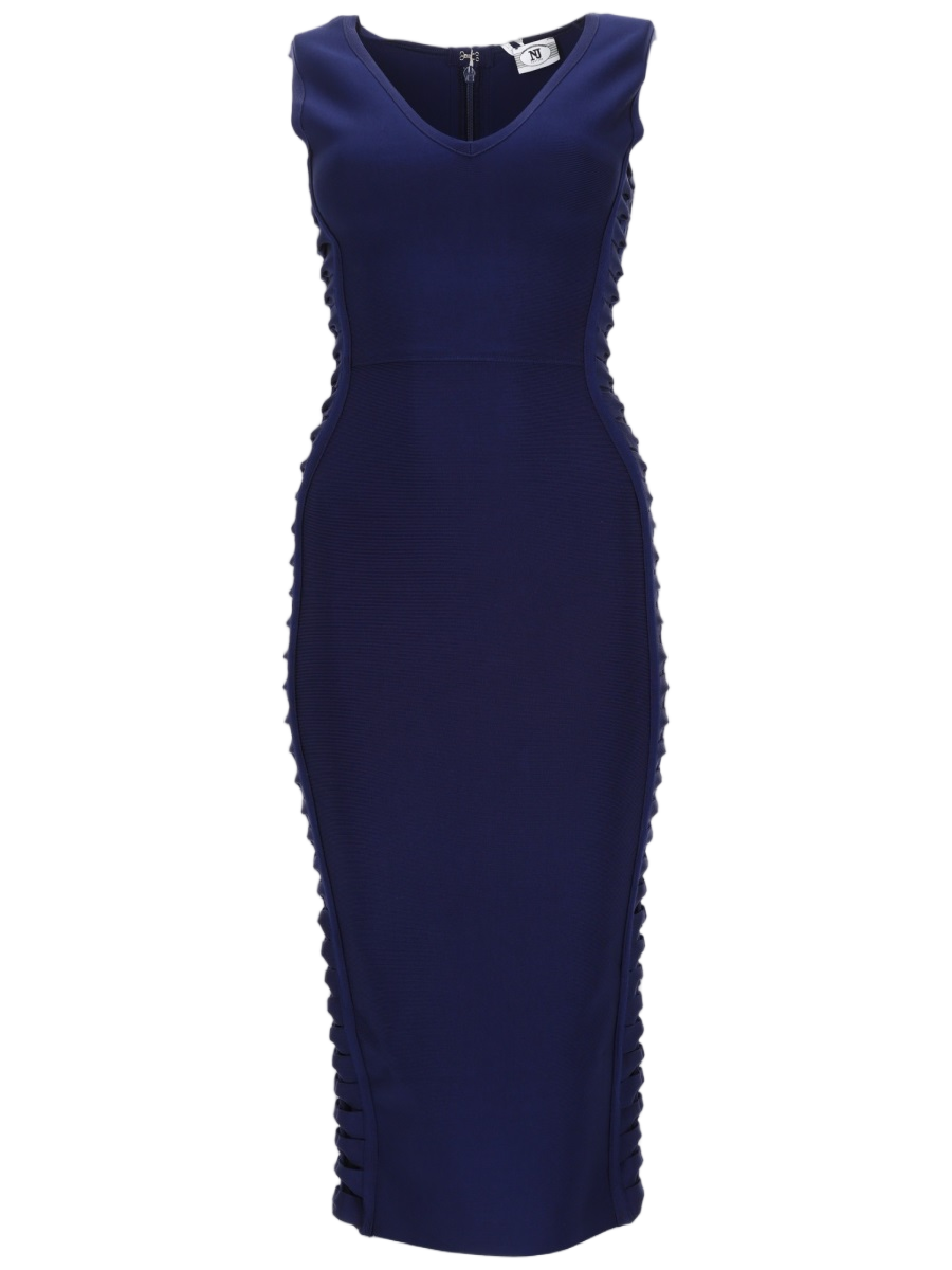 Form-Fitting Midi Dress with V-Neckline and Ruffled Detailing