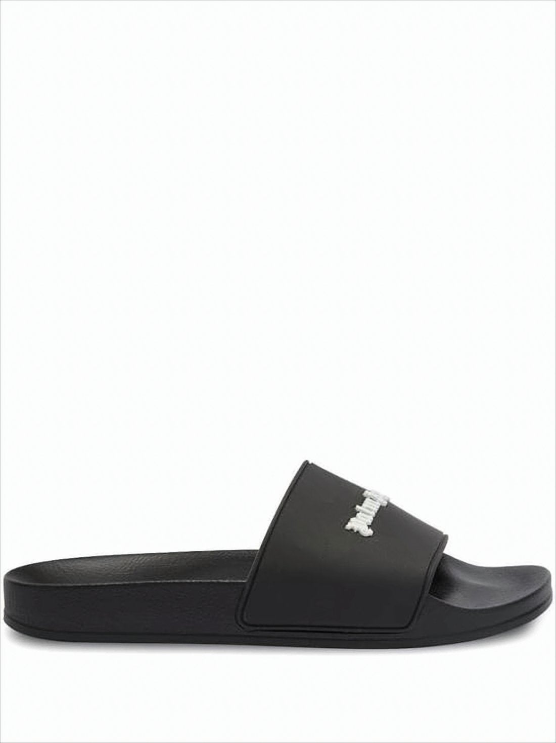 Contemporary Black Slide Sandals with Gothic Lettering