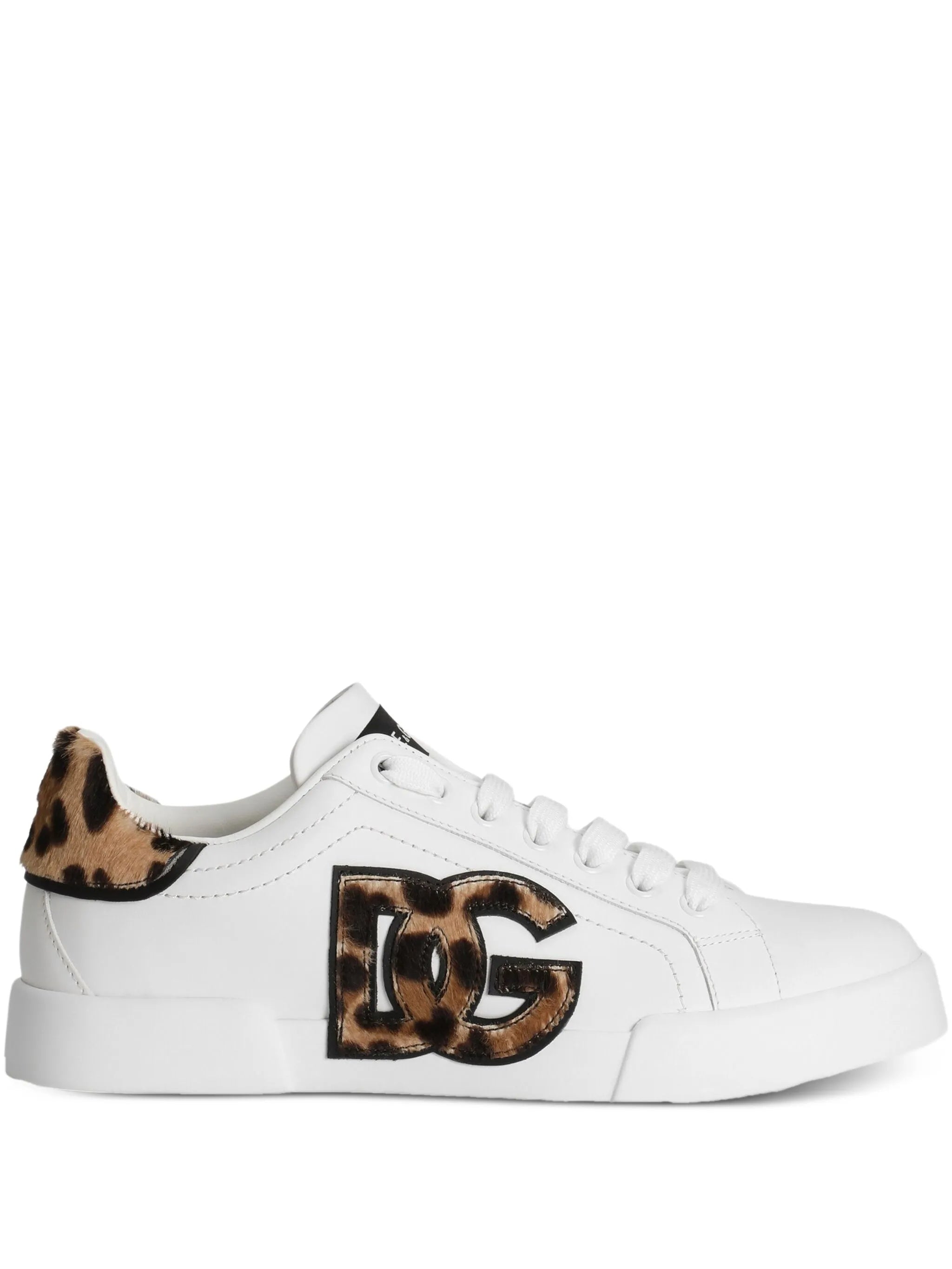 White Low-Top Leopard Print Accent Sneakers