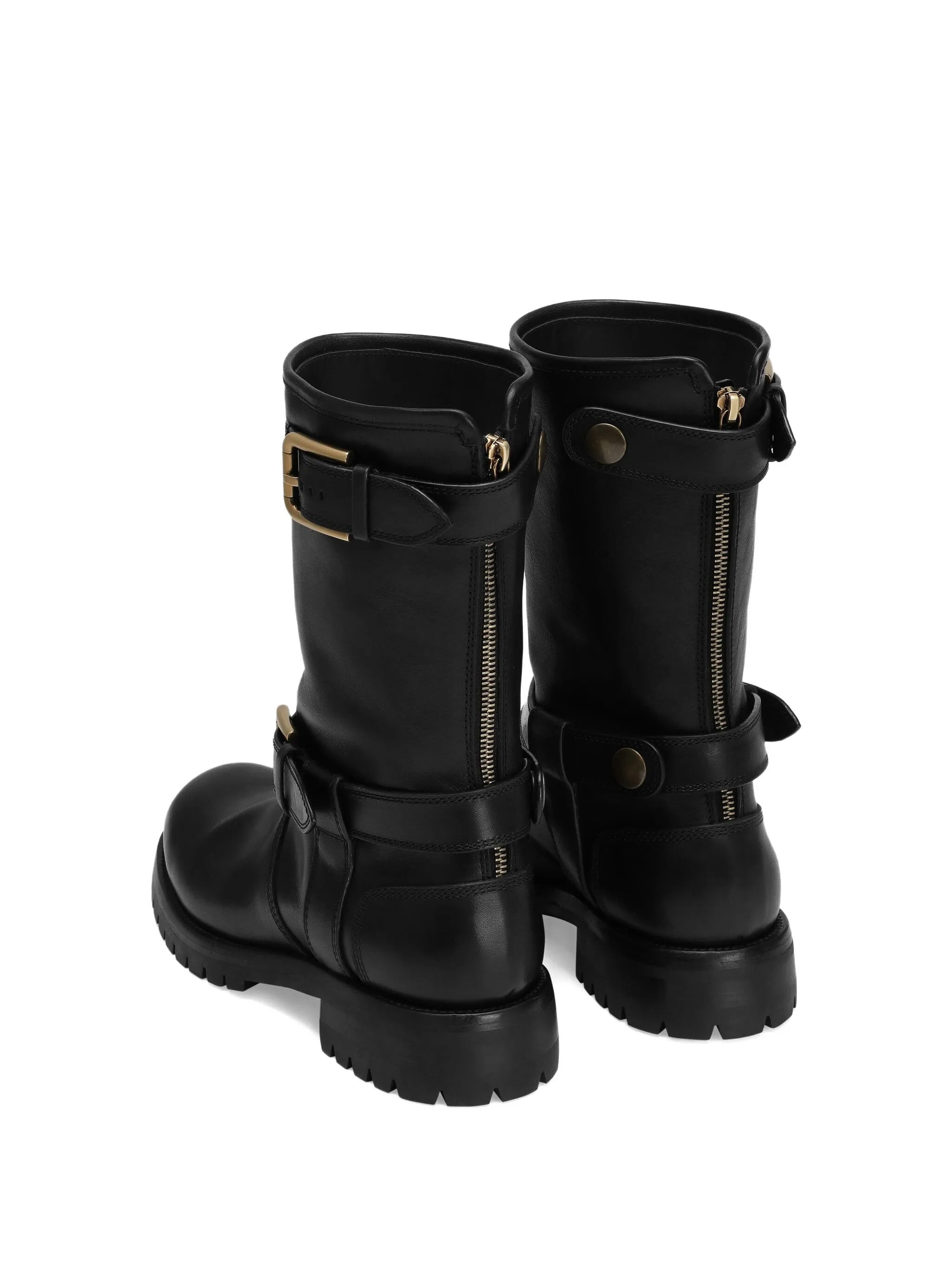 Black Biker Leather Gold Buckle Boots