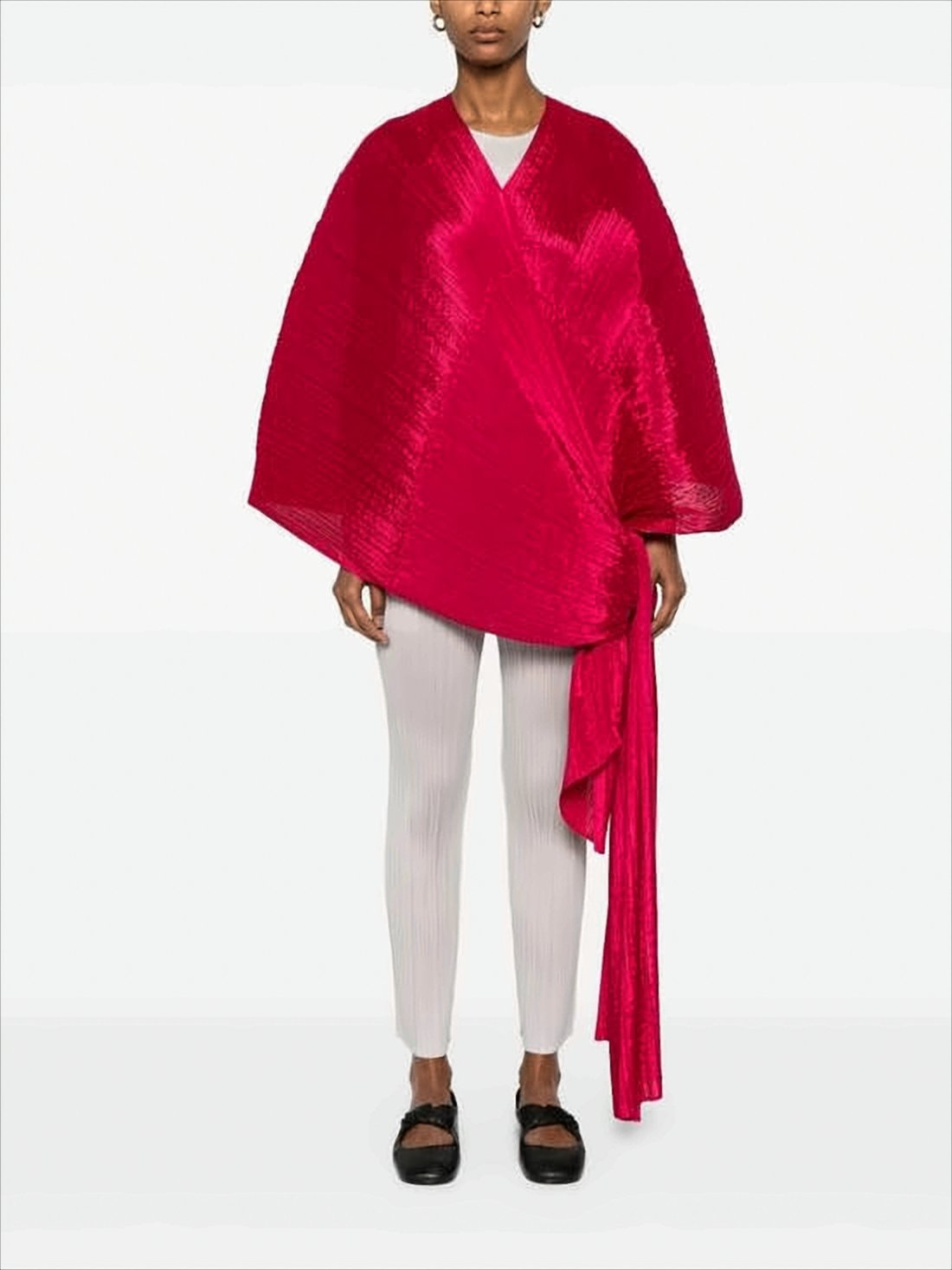Asymmetrical Red Pleated Cape with Dynamic Silhouette