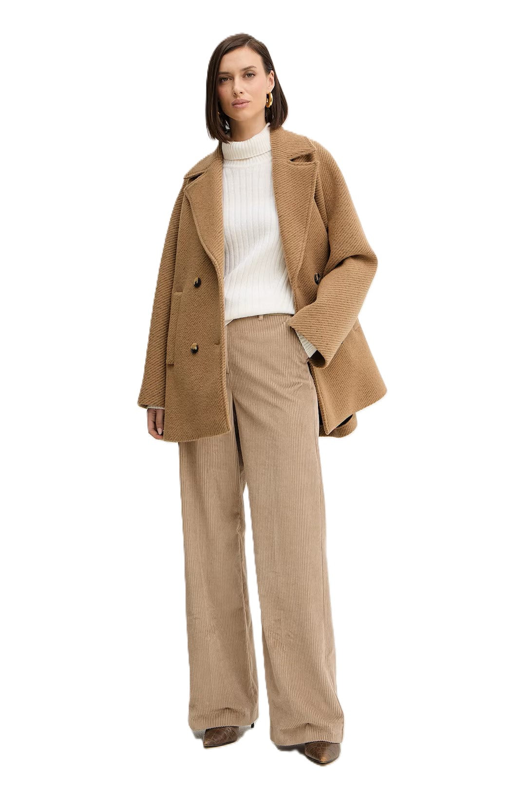 Classic Mid-Length Camel Coat With Double-Breasted Design