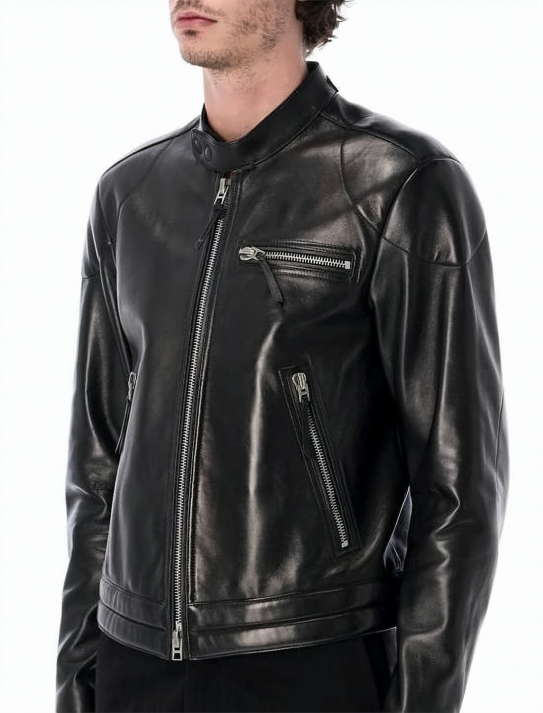 Smooth Lambskin Leather Jacket with Stand Collar