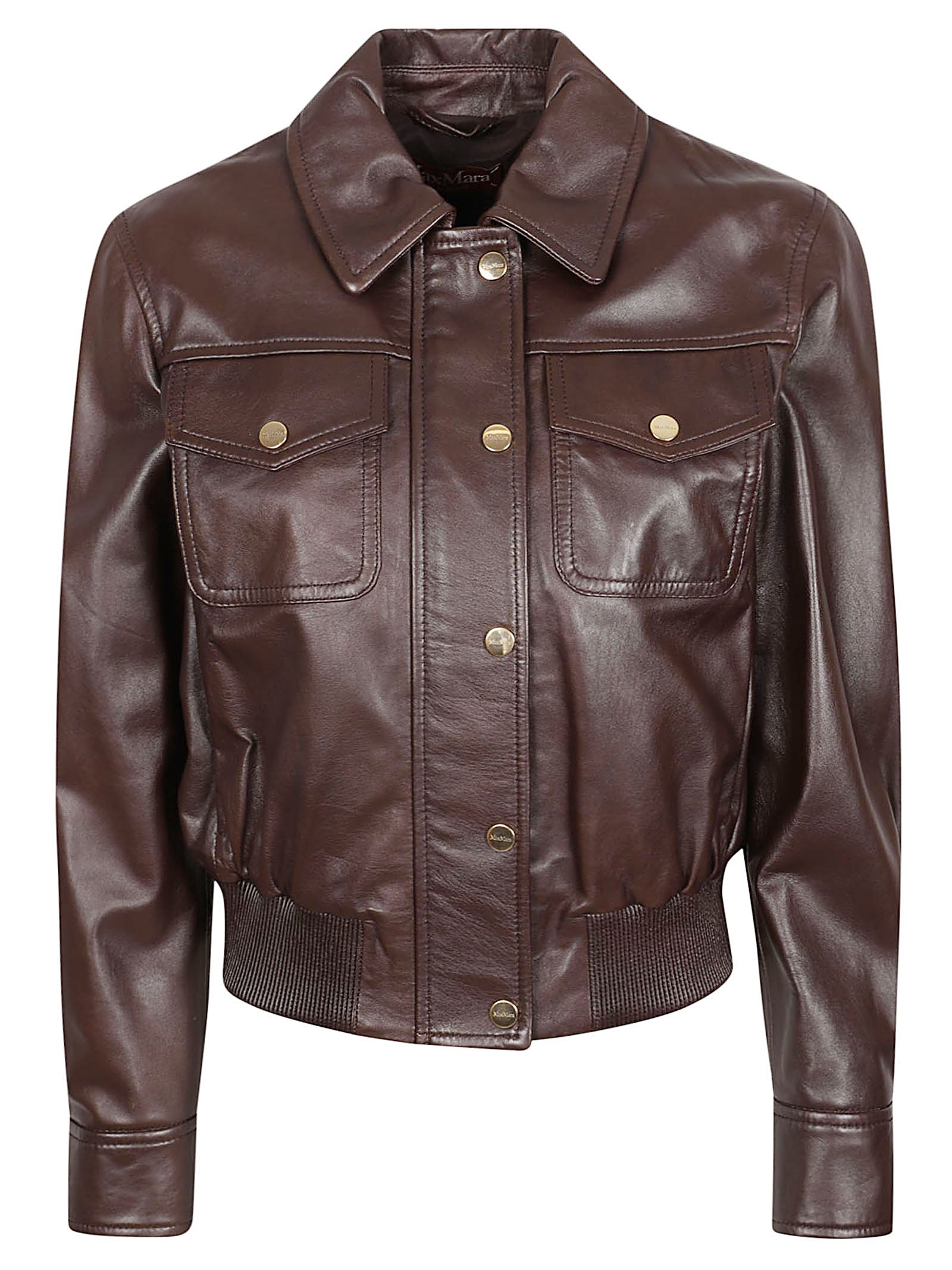 Brown Lamb Leather Jacket with Classic Collar and Gold-Tone Accents