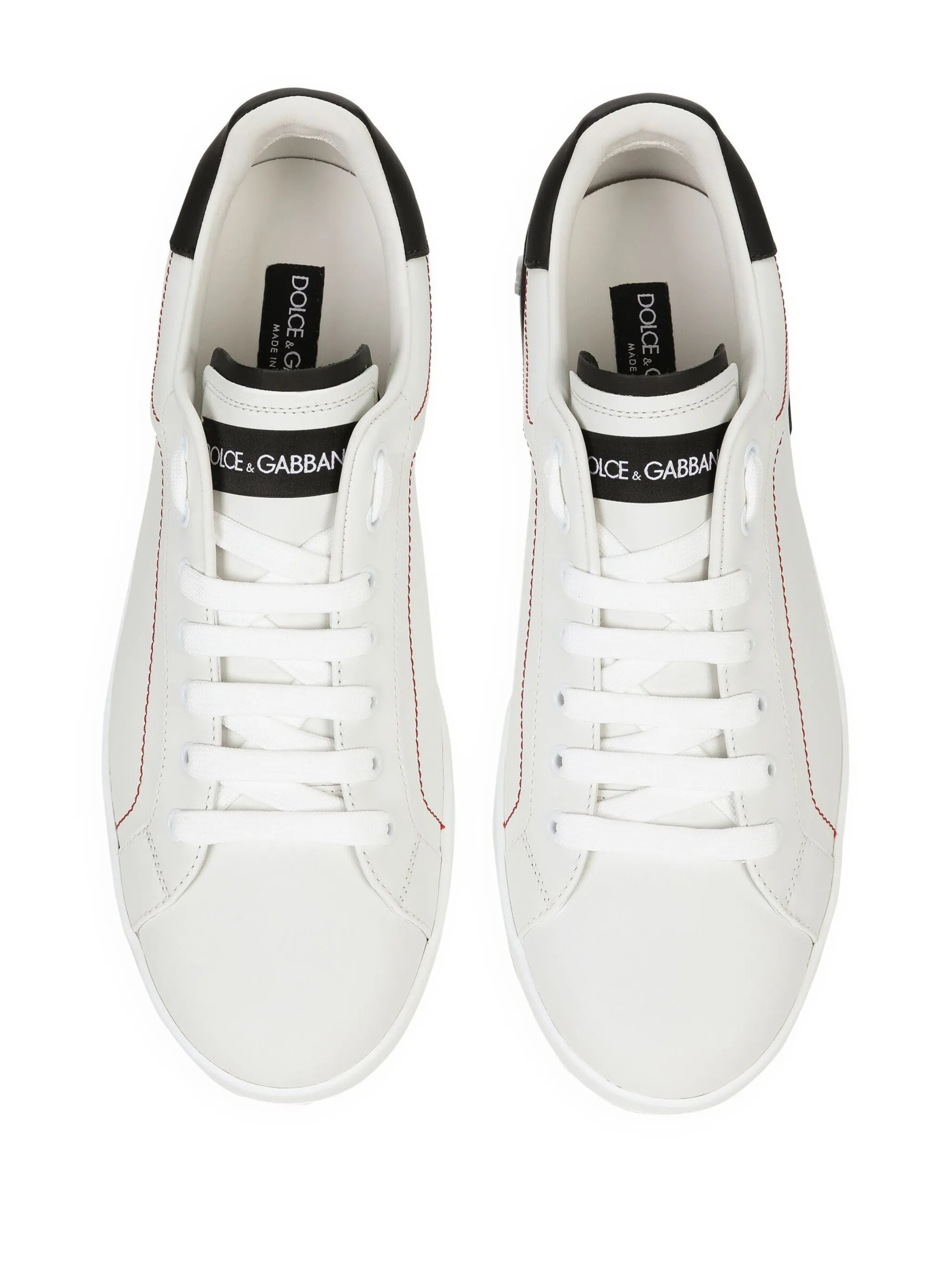 White Low-Top Red Stitching Leather Sneakers
