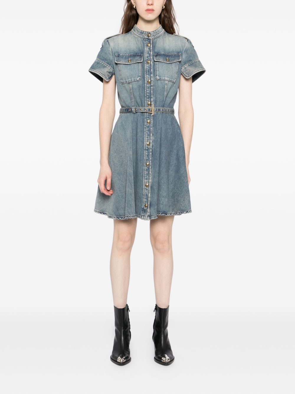 Faded Denim Mini Dress with Gold-tone Accents