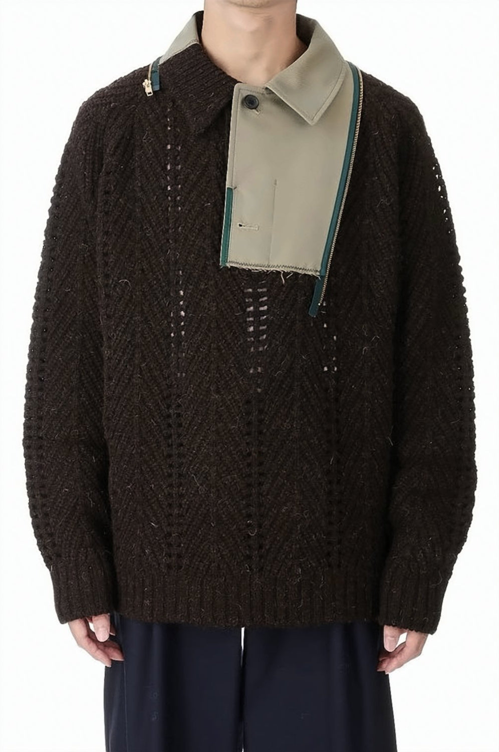 Brown Knit Sweater with Layered Collar Detail