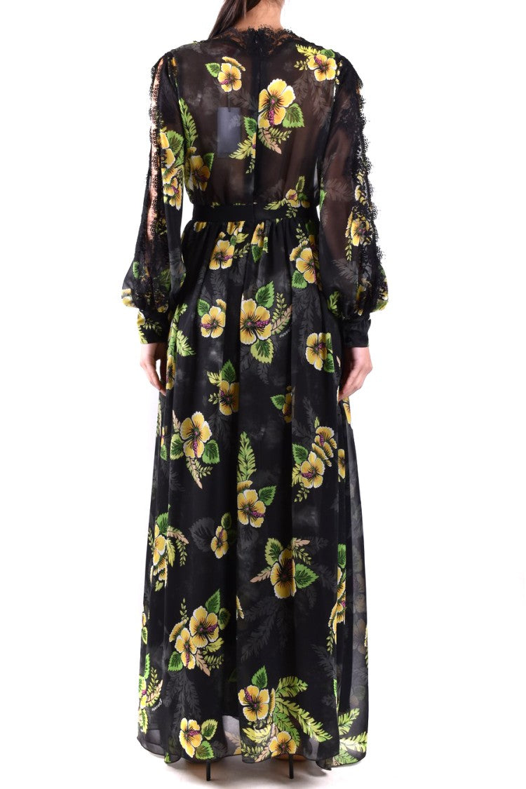 Maxi Dress With Floral Print And Sheer Lace Details