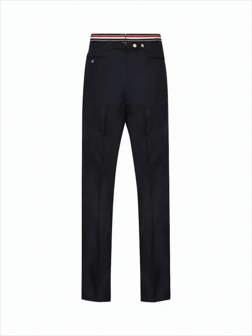 Tailored Blue Wool Straight Pants with Iconic Striped Trim