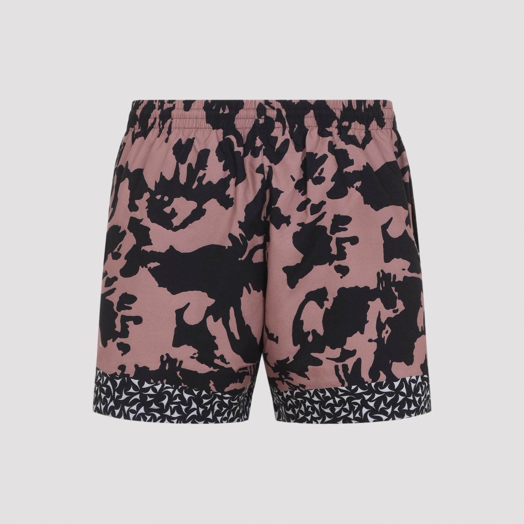 Abstract Pattern Swim Shorts with Geometric Border