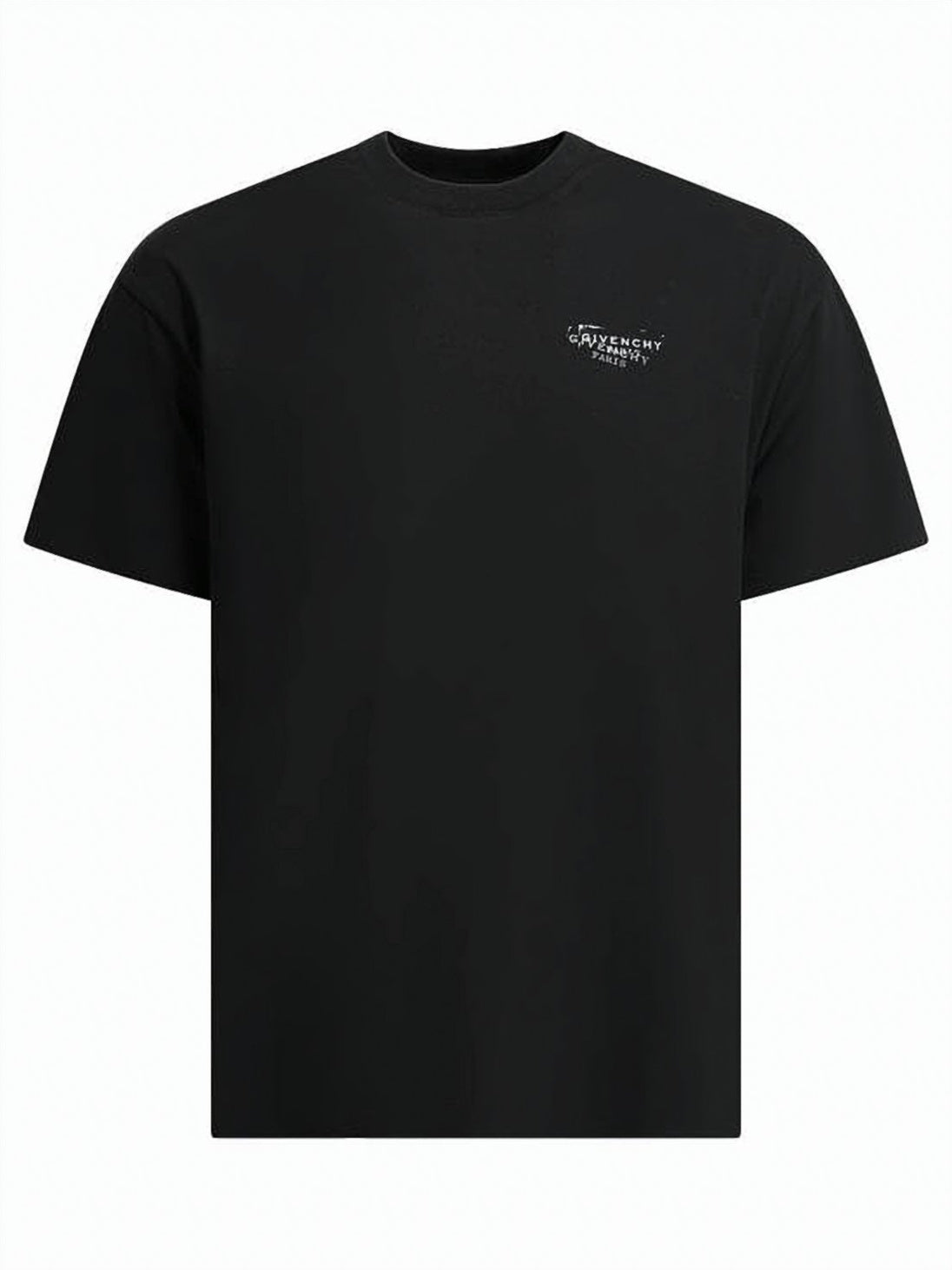 Short-Sleeve Black Cotton T-Shirt with Distressed Logo Prints