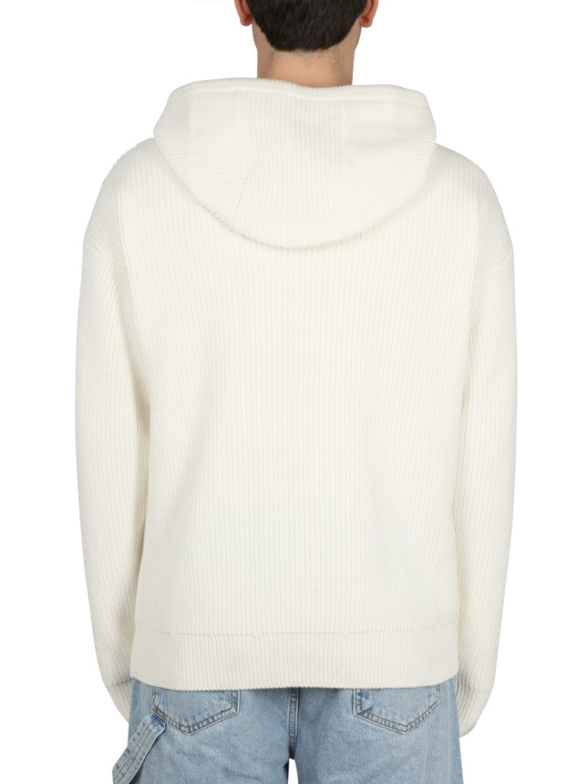 Ribbed White Hooded Shirt With Drawstring
