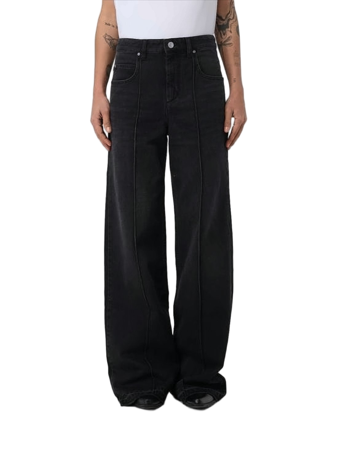 High-Waisted Wide-Leg Denim Pants with Five-Pocket Design