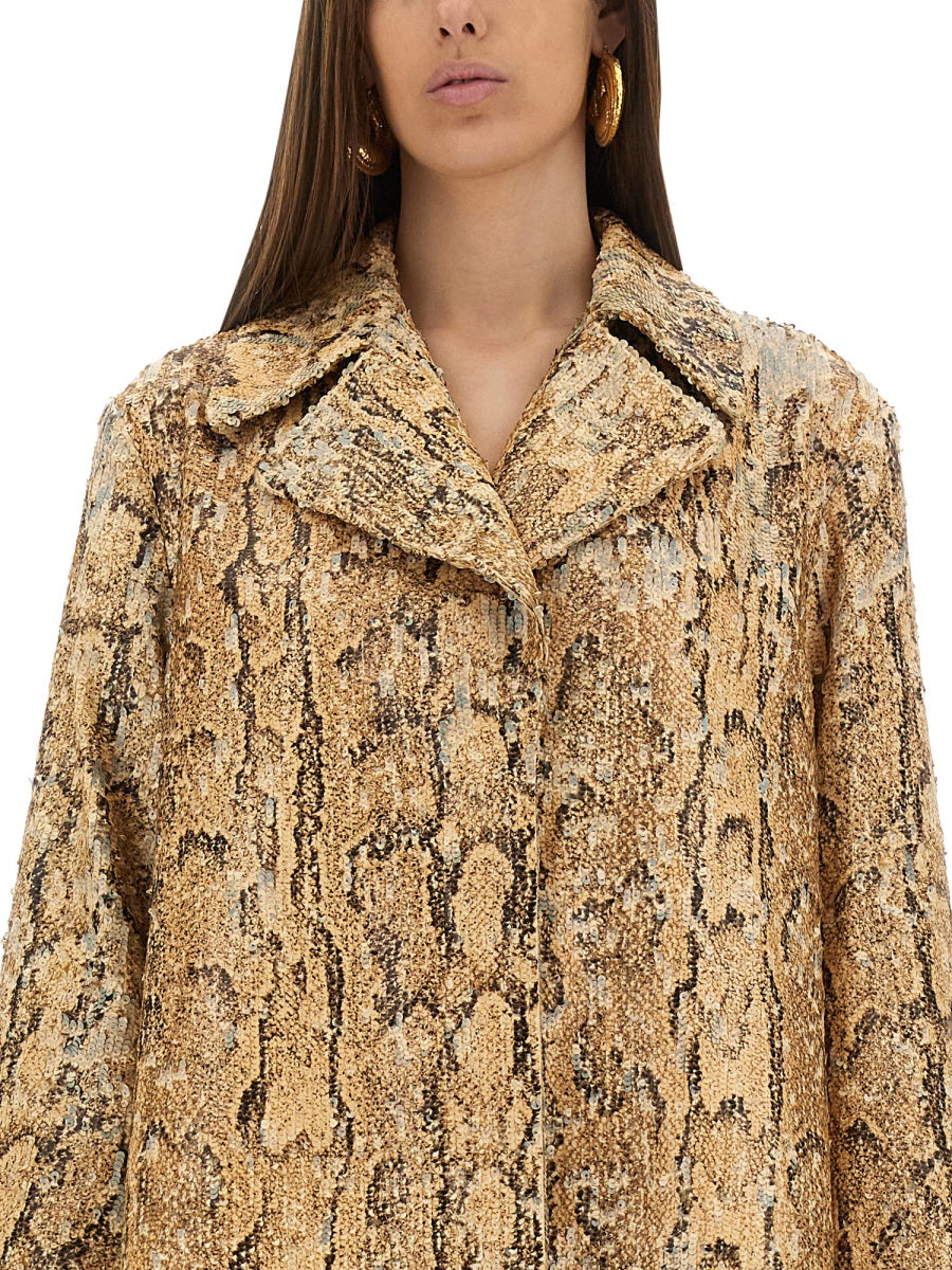 Sequined Cotton Long Coat With Classic Collar