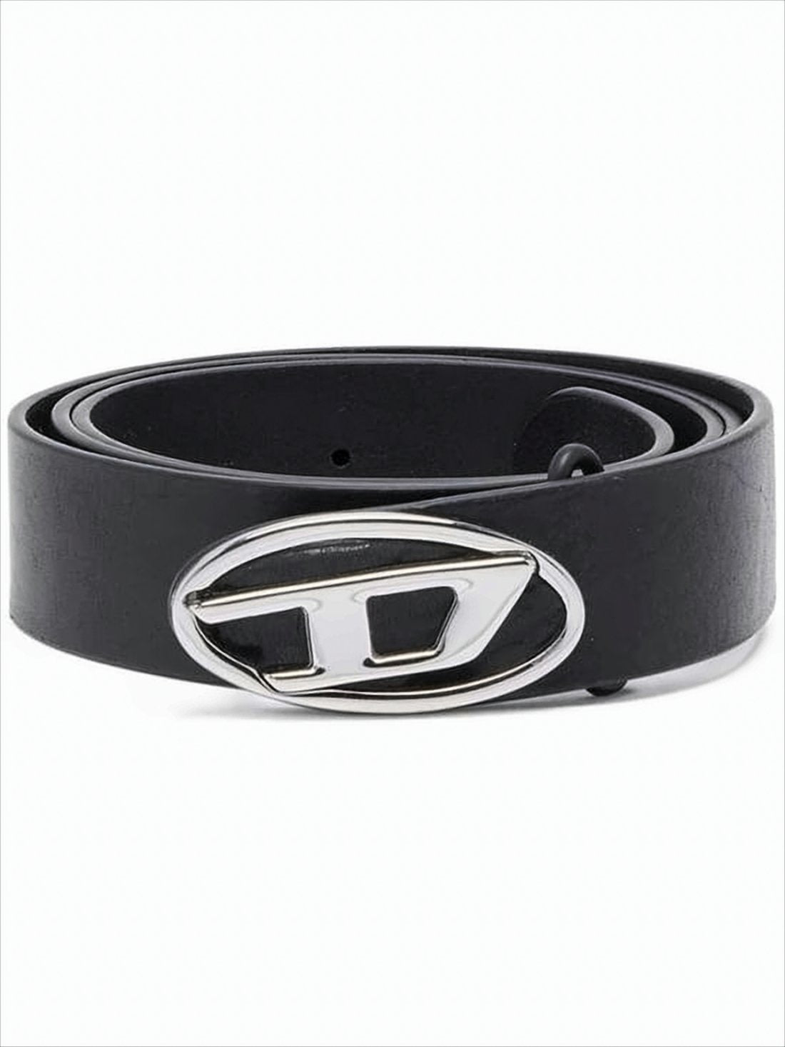 Smooth-Finish Black Leather Belt with Oval Silver Buckle