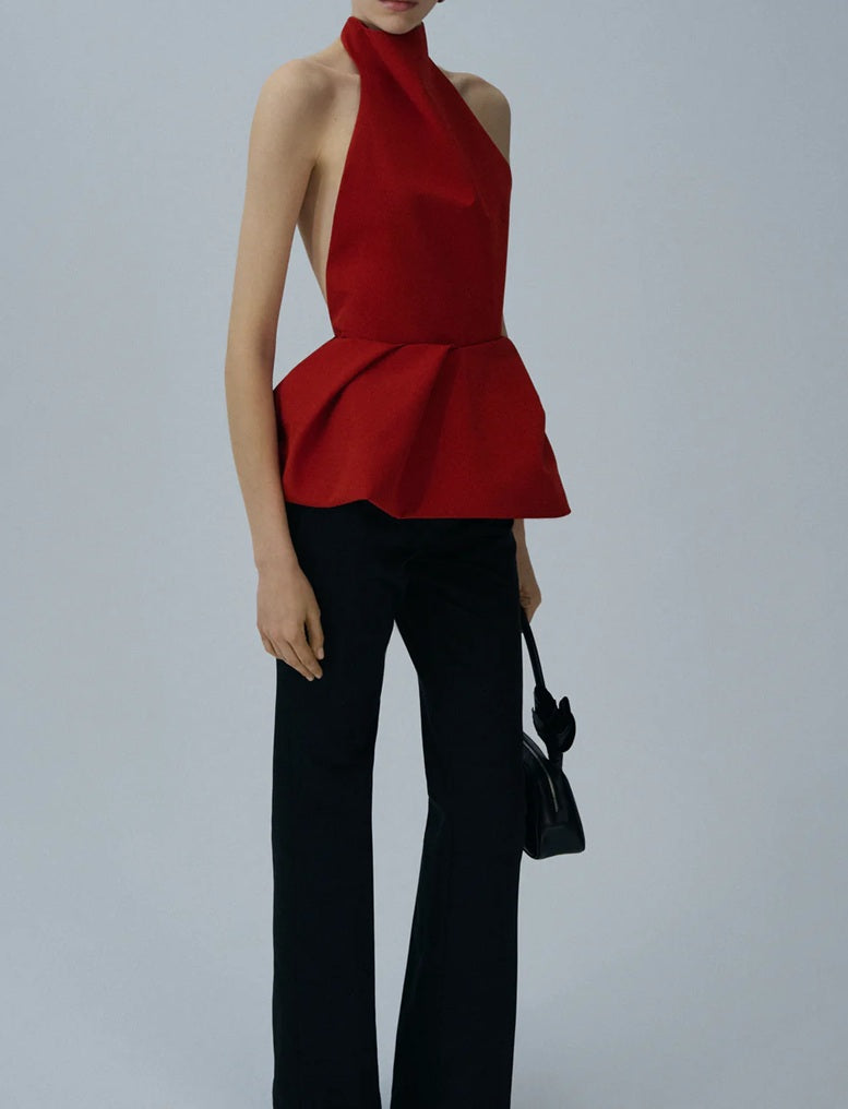 Halter Neck Top with Flared Peplum Hem in Red
