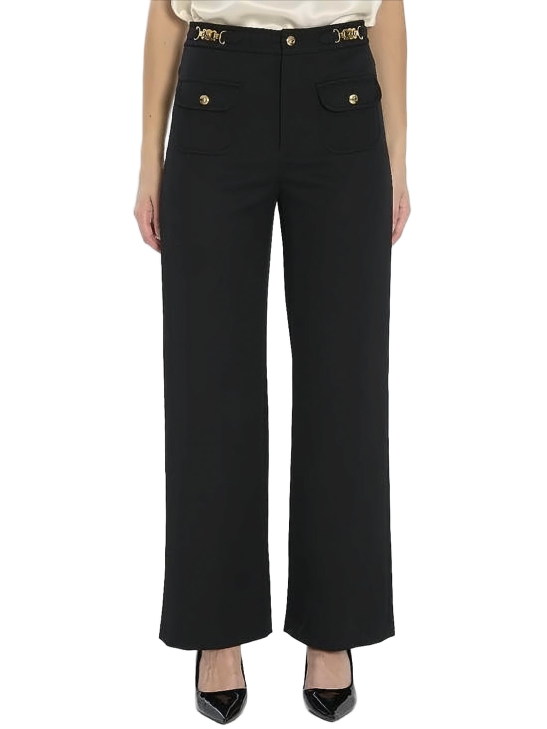 High-Waisted Tailored Suit Pants with Decorative Gold Buttons