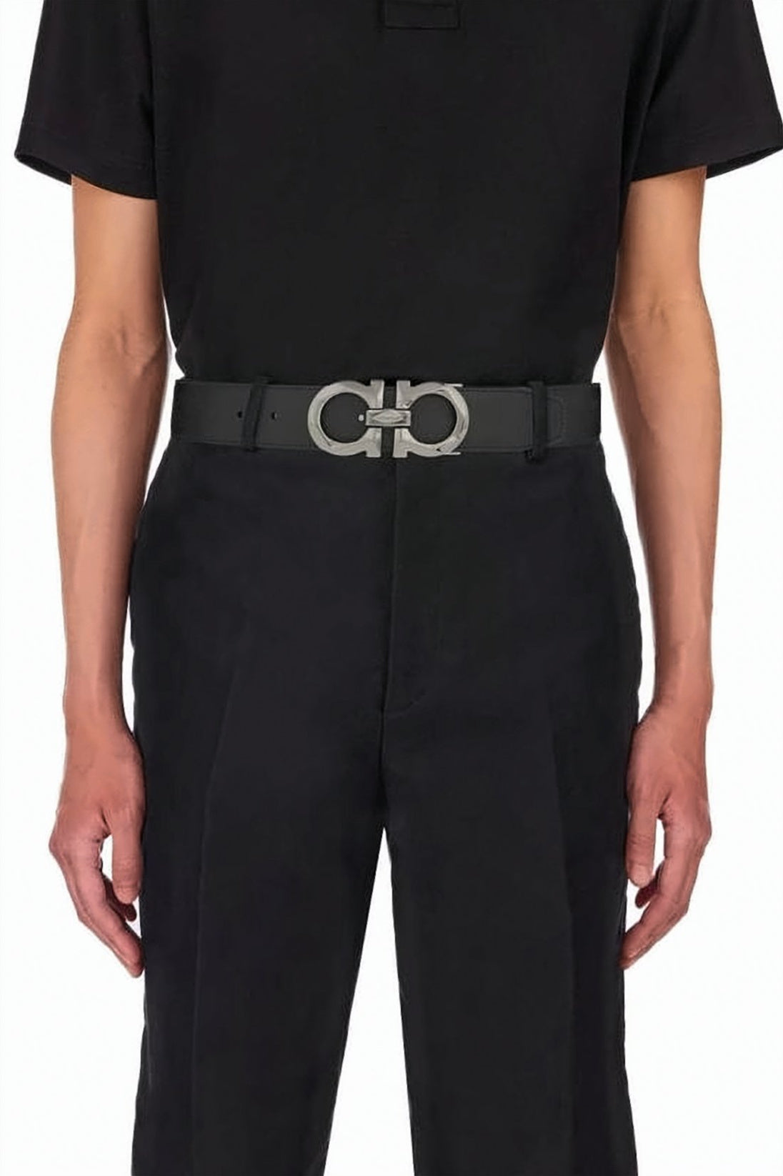 Reversible Calf Leather Belt With Polished Metal Gancini Buckle