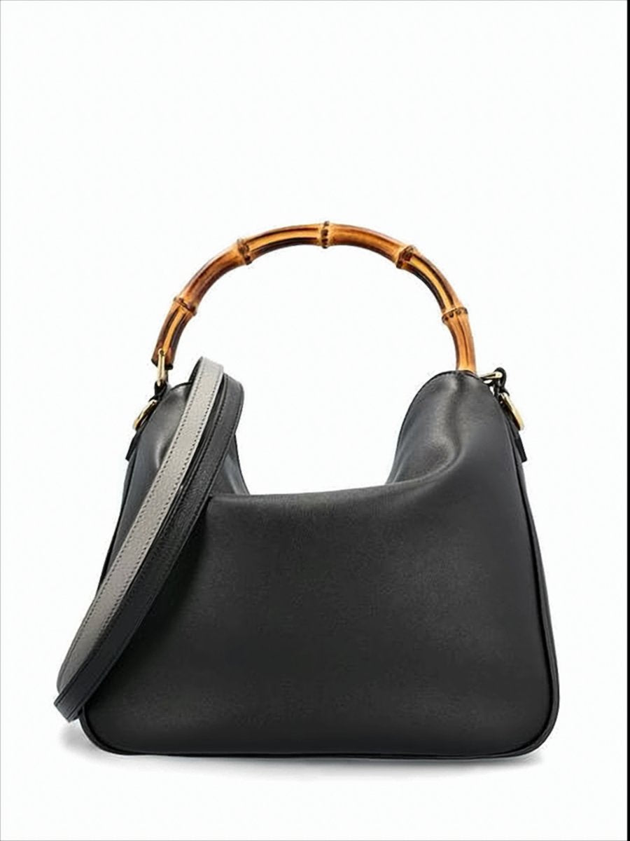 Leather Shoulder Bag with Bamboo Handle